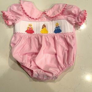 3M Stitchy Fish pink and white checkered smocked princess onesie